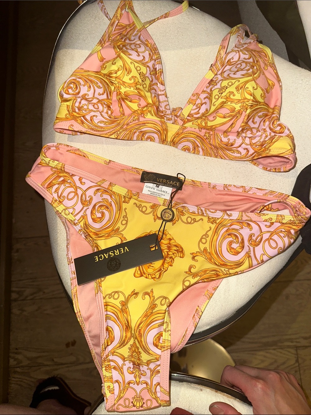 BNWT Authentic Versace Pink & Yellow Baroque Bikini Set Size M